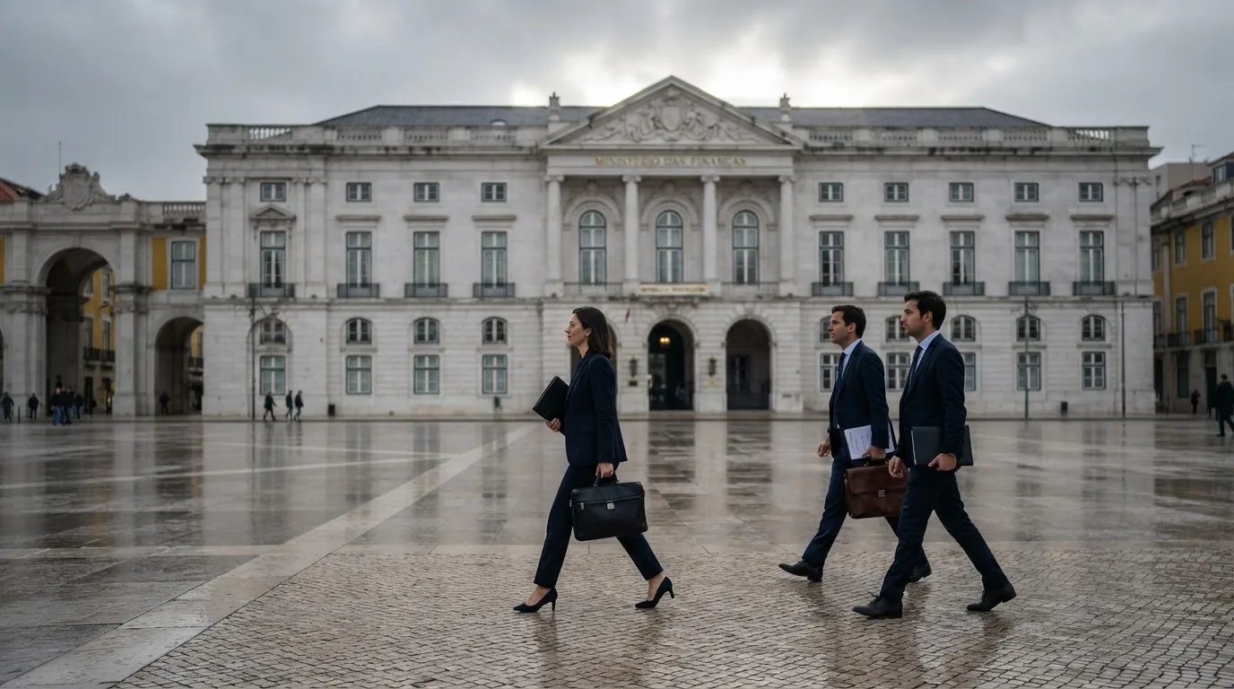 Pessoas de fato a caminhar à frente de um edifício de serviços públicos em Lisboa, com pasta na mão e céu nublado.