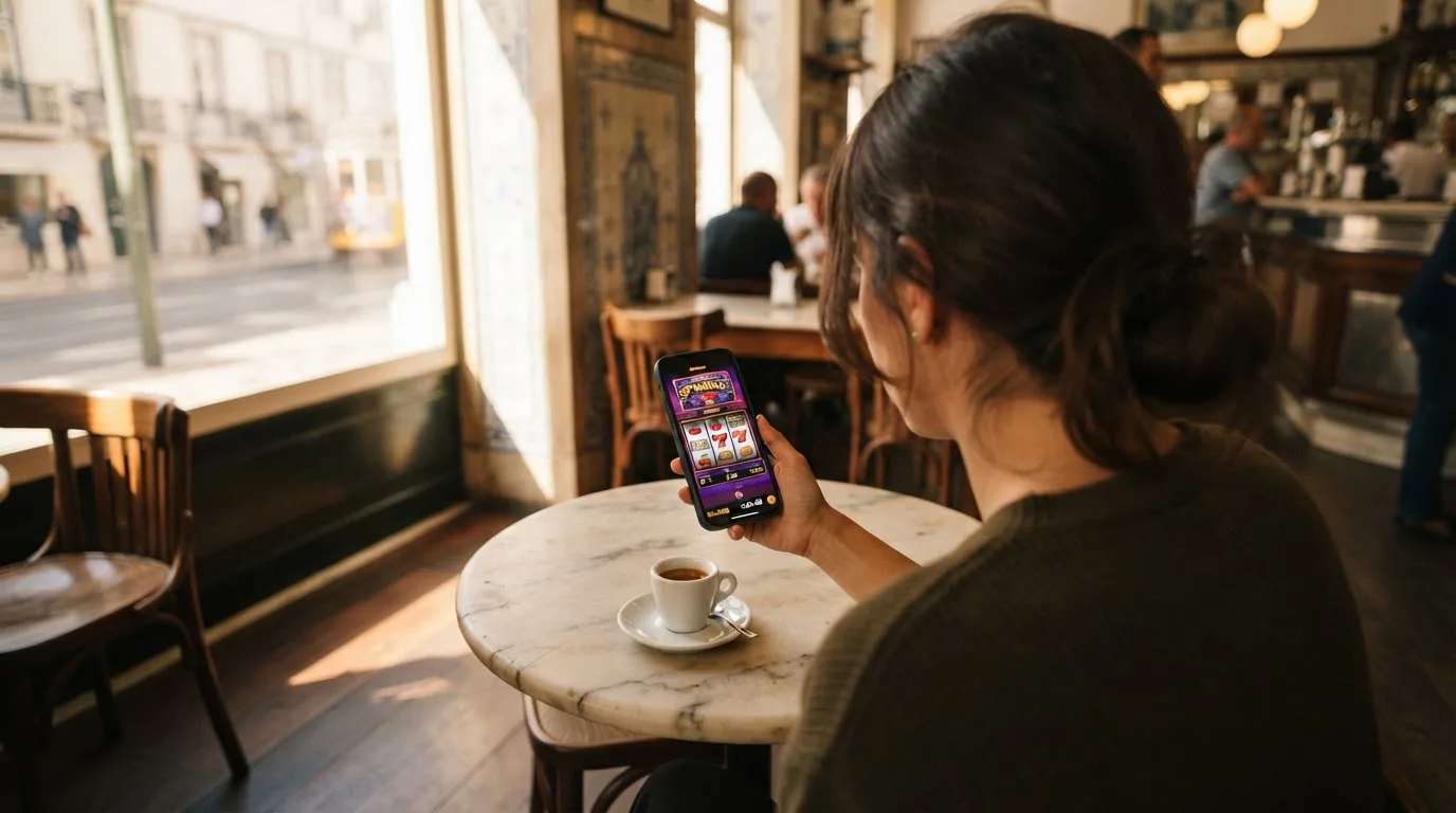 Pessoa a explorar jogos no telemóvel num café, com uma bica na mesa e luz de manhã a entrar pela montra.