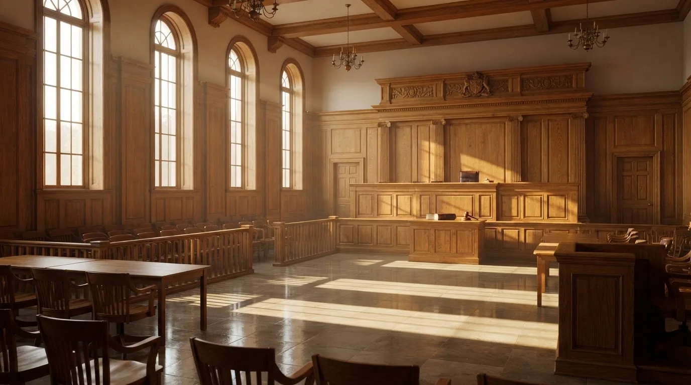 Sala de tribunal vazia com painéis de madeira, à luz da manhã — ofertas de casino em portugal