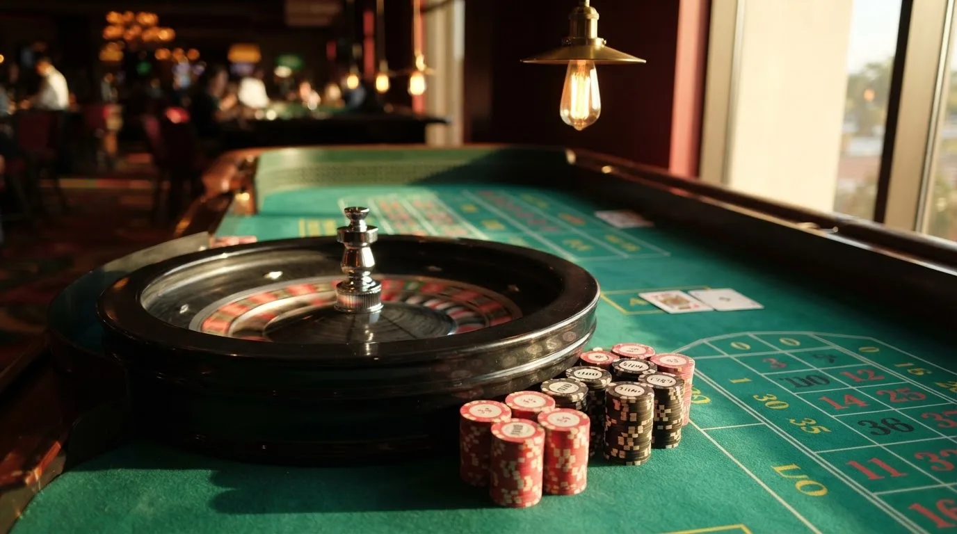 Roda de roleta e fichas sobre feltro verde, sob uma luz quente de fim de tarde — ofertas de casino em portugal