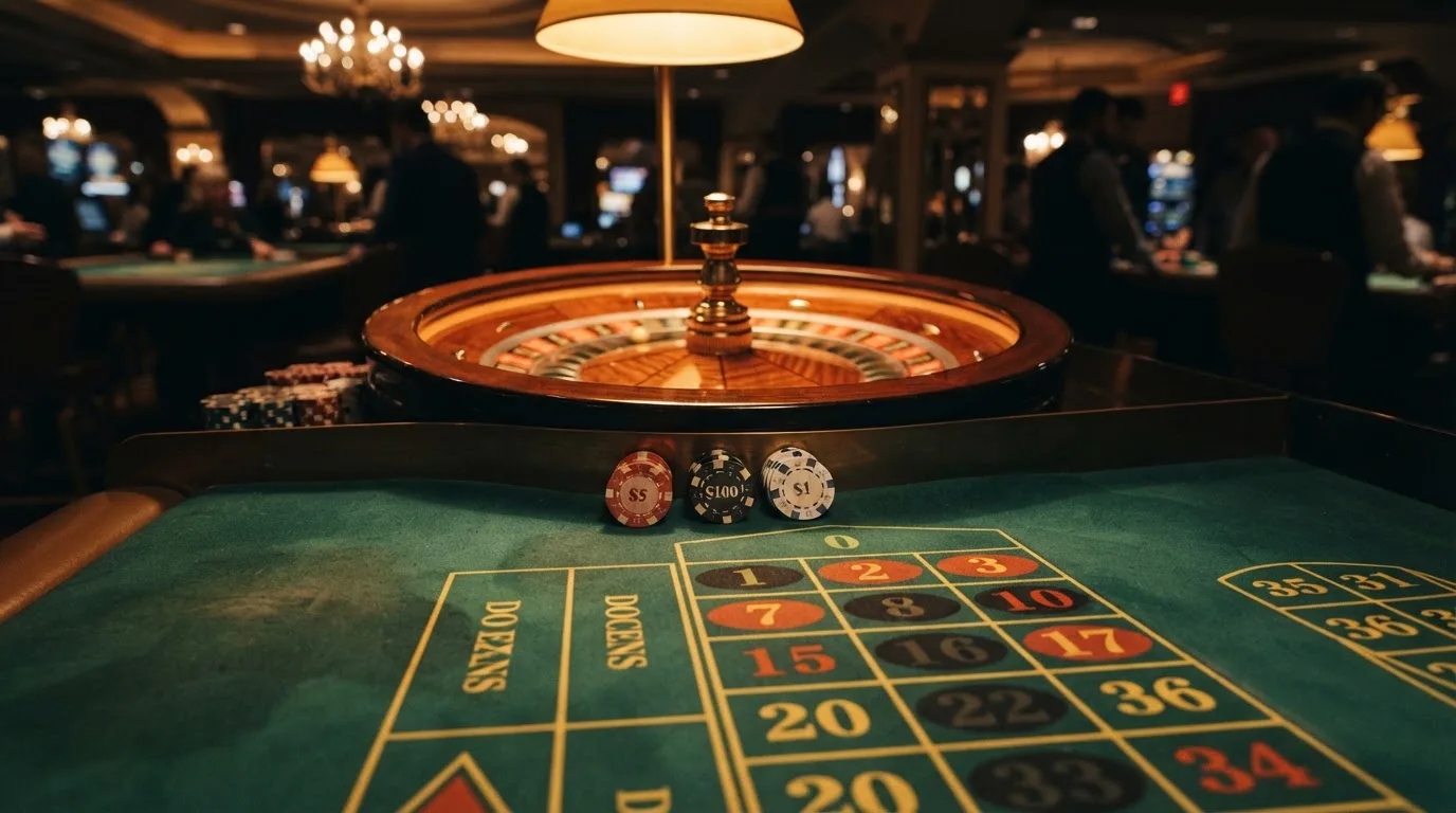 Roda de roleta e fichas sobre feltro verde, sob uma luz quente de fim de tarde — online casino bónus para os portugueses