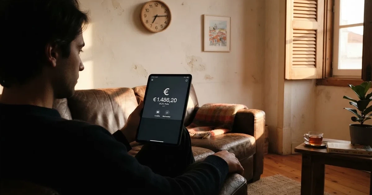 Pessoa num sofá a olhar pensativa para um tablet, com um relógio na parede atrás — online casino bónus para os portugueses