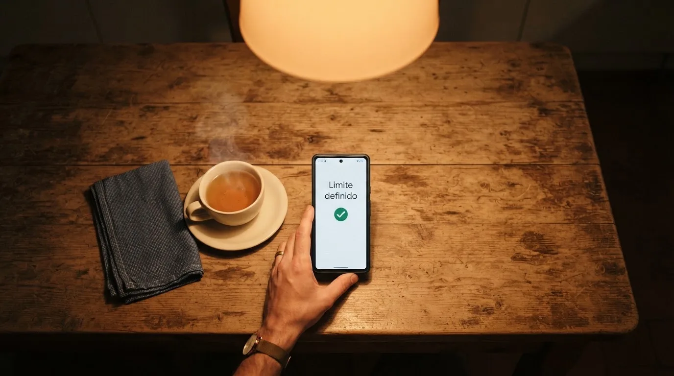 Mão a segurar um telemóvel ao lado de uma chávena de chá numa mesa de cozinha, numa noite tranquila — online casinos em portugal