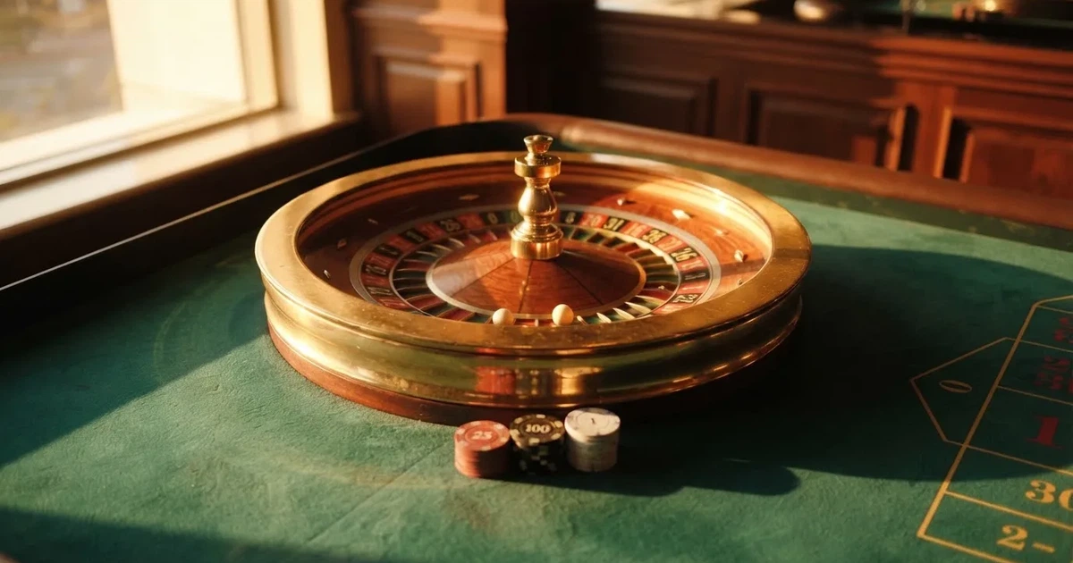 Roda de roleta e fichas sobre feltro verde, sob uma luz quente de fim de tarde — online casinos em portugal