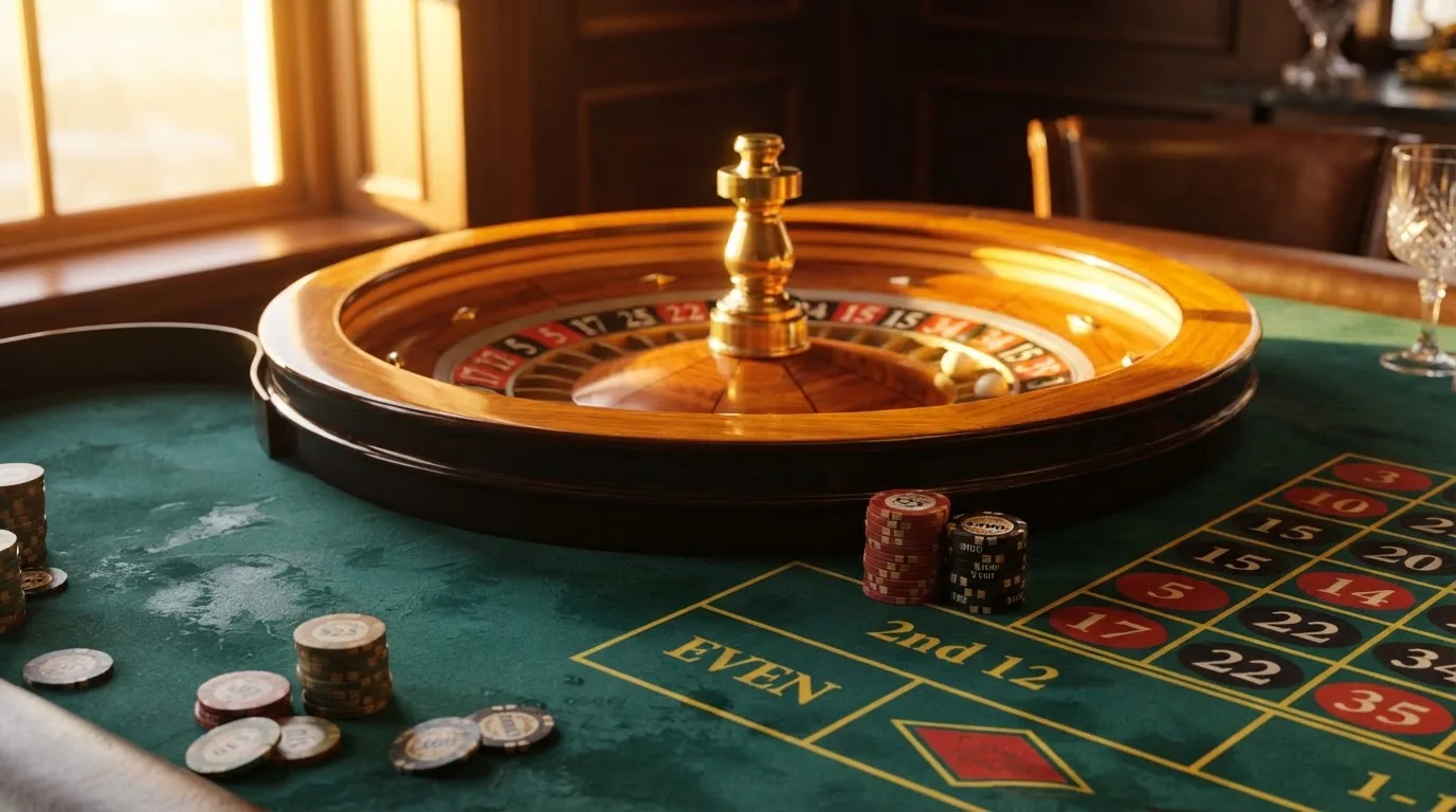 Roda de roleta e fichas sobre feltro verde, sob uma luz quente de fim de tarde — páginas de casino em portugal