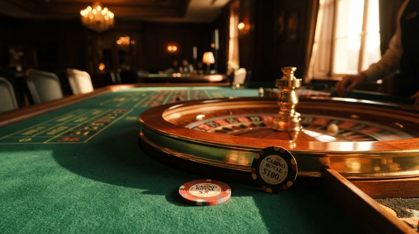 Roda de roleta e fichas sobre feltro verde, sob uma luz quente de fim de tarde — promoções de casino em portugal