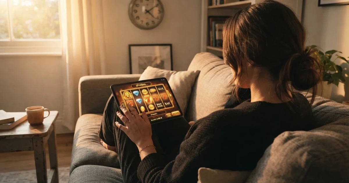 Pessoa num sofá a olhar pensativa para um tablet, com um relógio na parede atrás — promoções de casino em portugal
