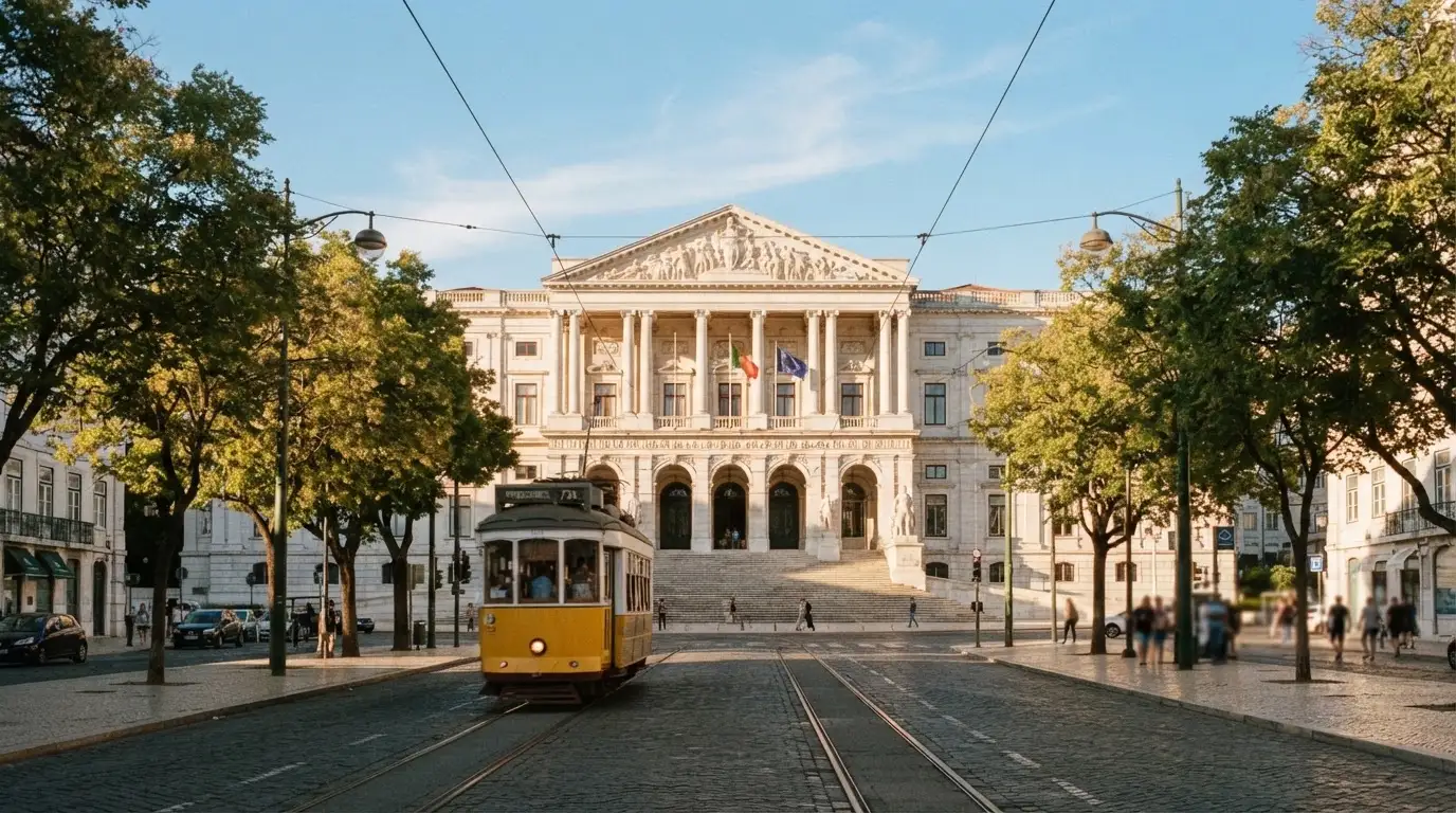 Edifício institucional de pedra com colunas junto a uma avenida lisboeta, céu limpo, elétrico amarelo ao longe, fotografia de rua.