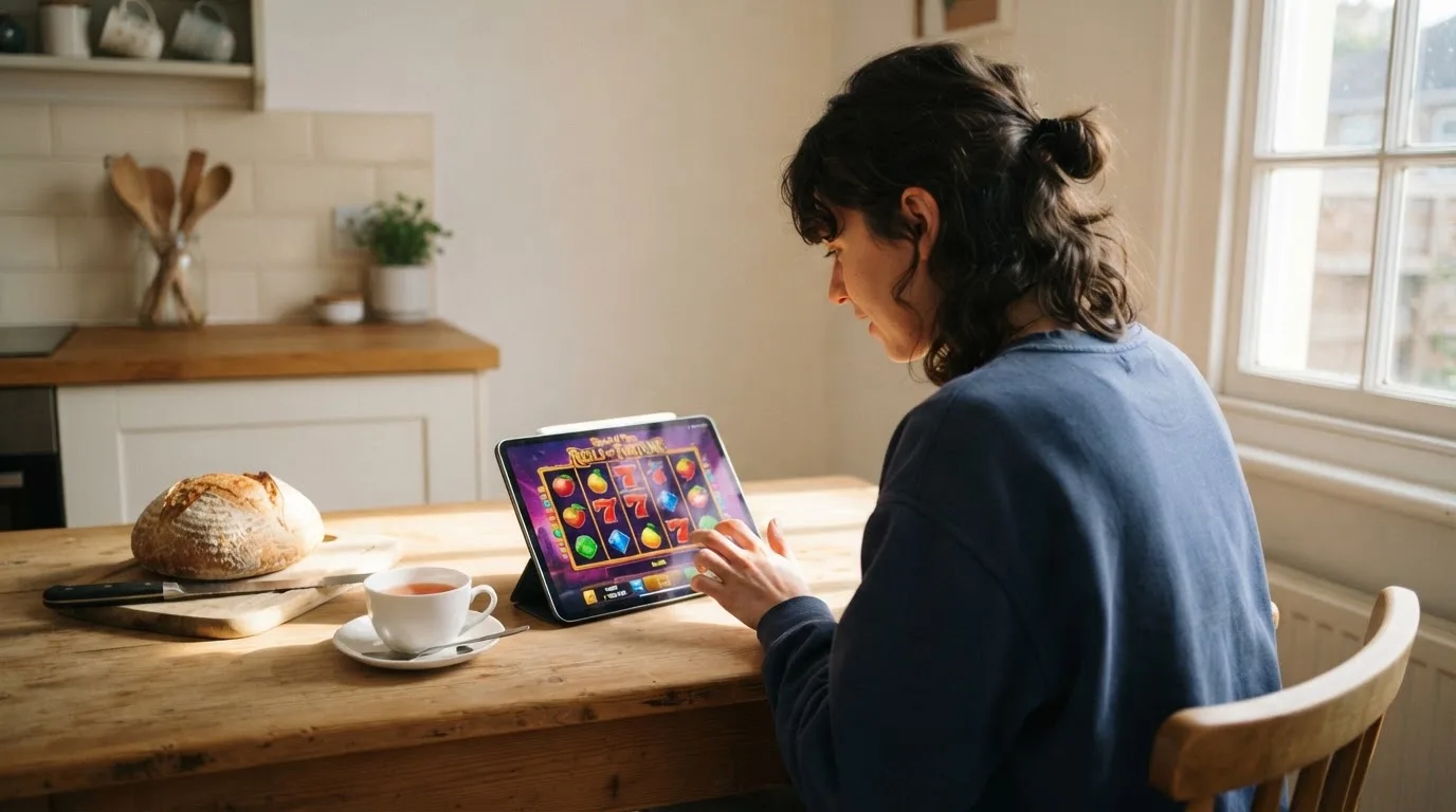 Jovem sentado à mesa da cozinha a explorar um tablet com ar curioso, chávena de chá e pão sobre a mesa, luz da manhã.