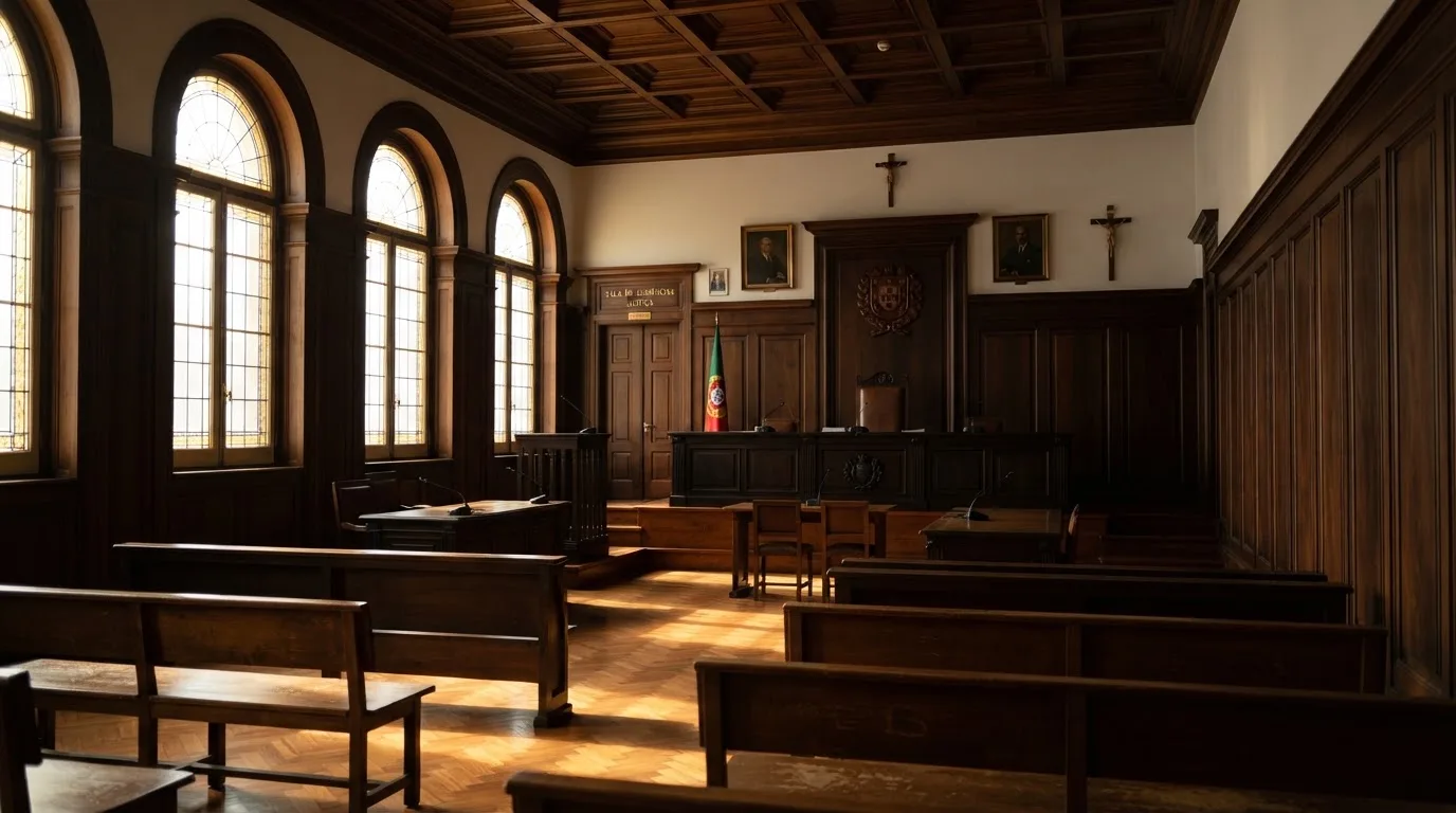 Sala de tribunal vazia com painéis de madeira, à luz da manhã — roleta americana em portugal