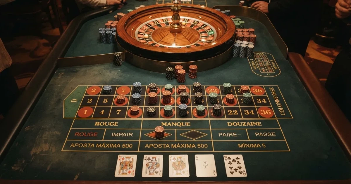 Mesa de jogo iluminada com cartas, vista de cima — roleta americana em portugal