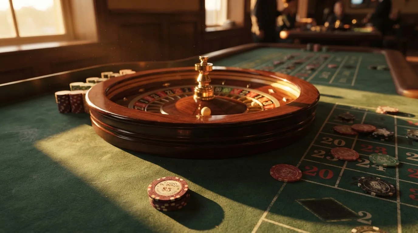 Roda de roleta e fichas sobre feltro verde, sob uma luz quente de fim de tarde — roleta casino em portugal