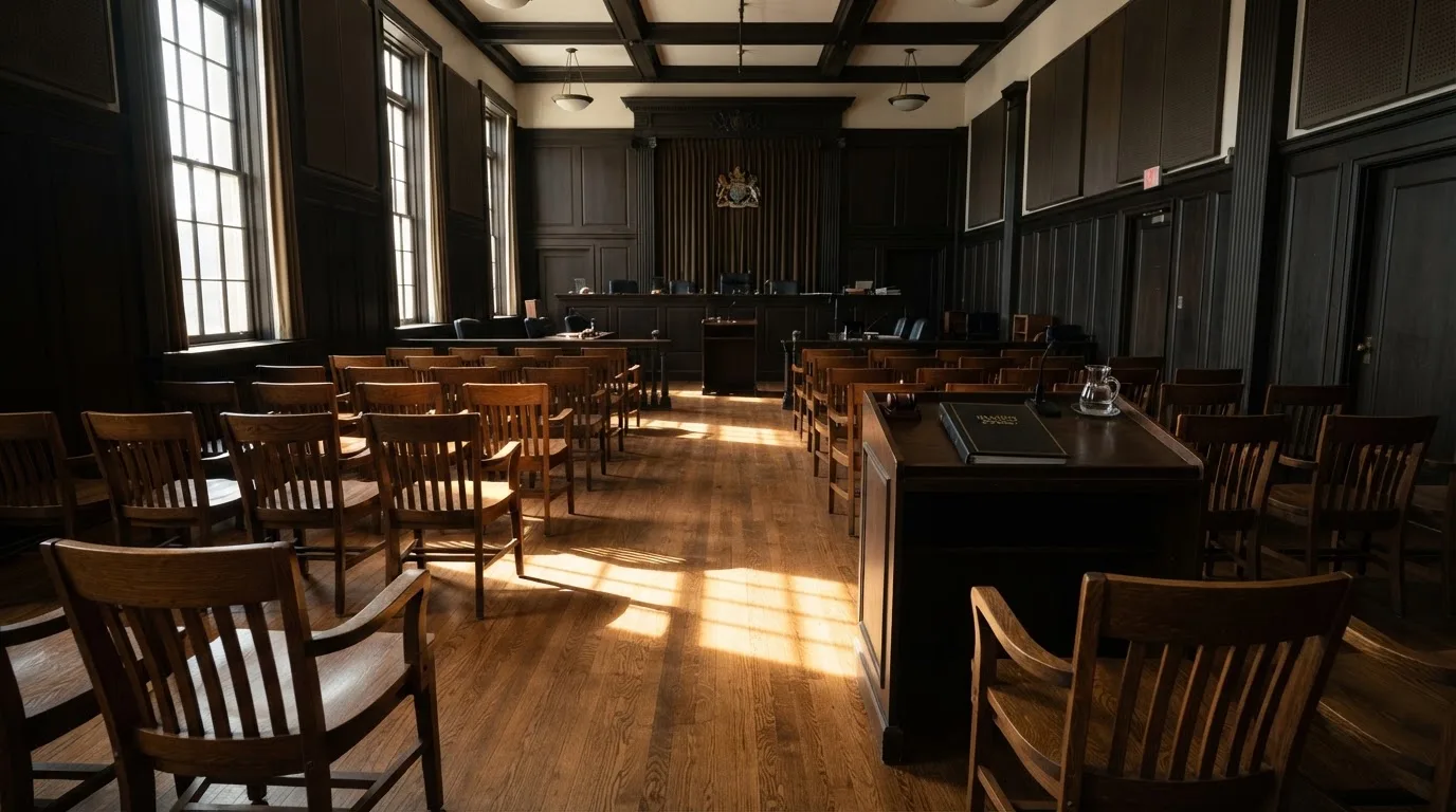 Sala de tribunal vazia com painéis de madeira, à luz da manhã — roleta demo para portugueses