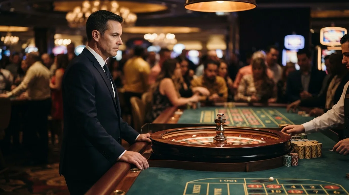 Fiscal de sala de casino de fato escuro a observar atentamente uma mesa de roleta, com jogadores desfocados ao fundo.