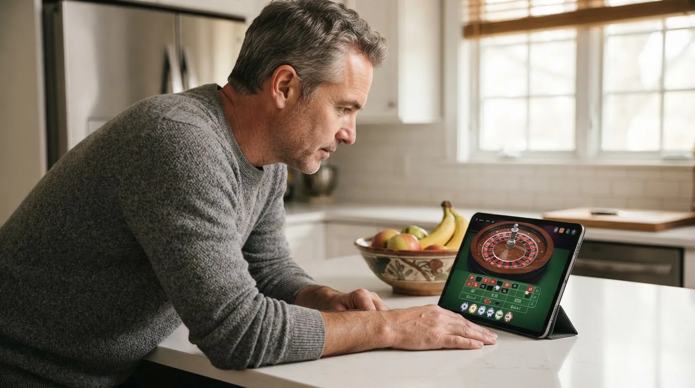 Jogador de meia-idade a ver uma transmissão de roleta num tablet, apoiado na bancada de uma cozinha moderna, com expressão atenta.