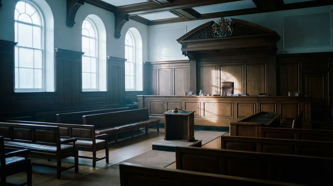 Sala de tribunal vazia com painéis de madeira, à luz da manhã — roleta francesa em portugal