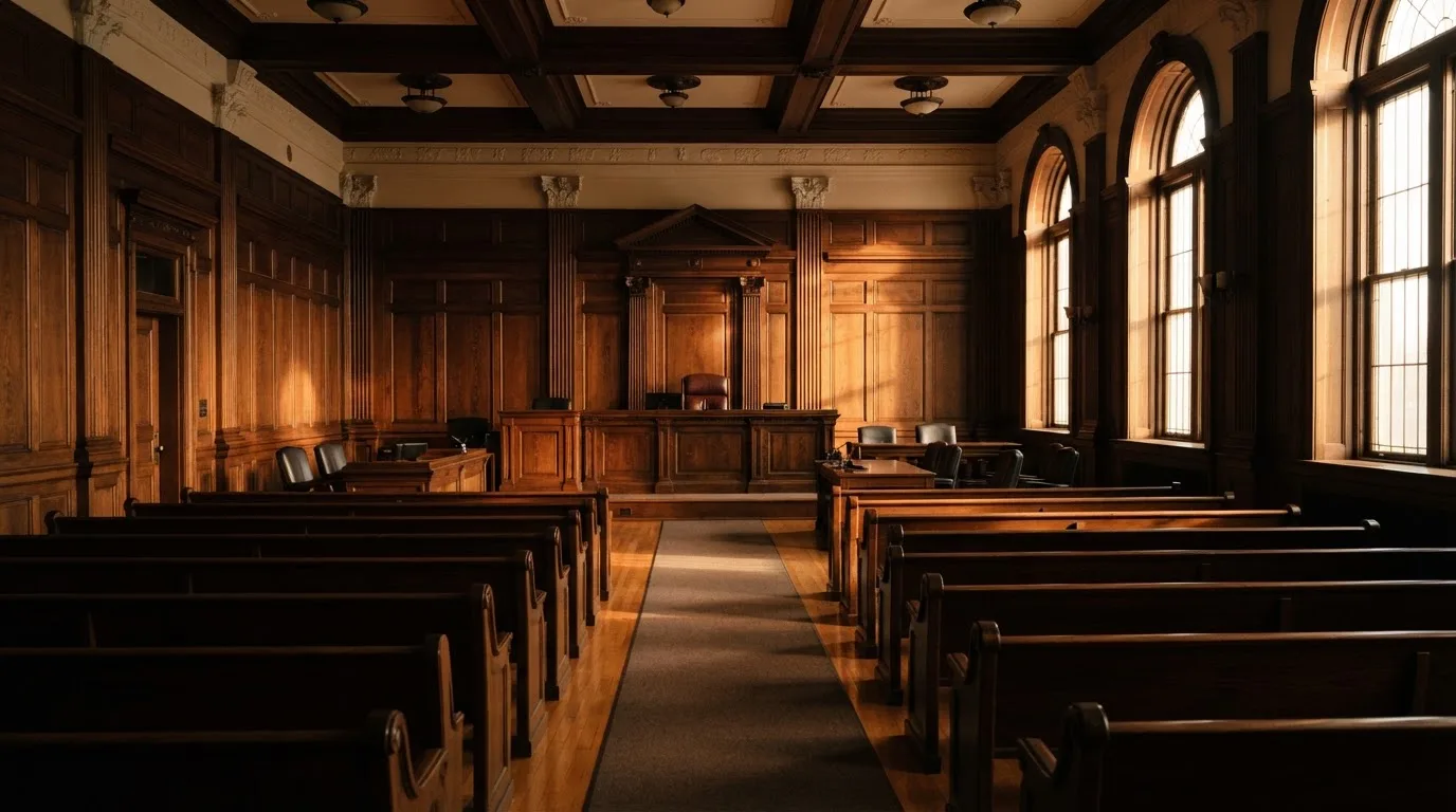 Sala de tribunal vazia com painéis de madeira, à luz da manhã — roleta grátis em portugal