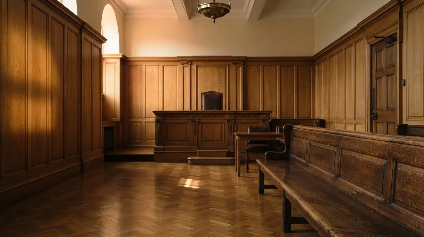 Sala de tribunal vazia com painéis de madeira, à luz da manhã — roleta online grátis pt