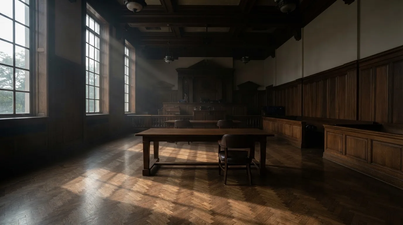 Sala de tribunal vazia com painéis de madeira, à luz da manhã — roleta online por dinheiro em portugal
