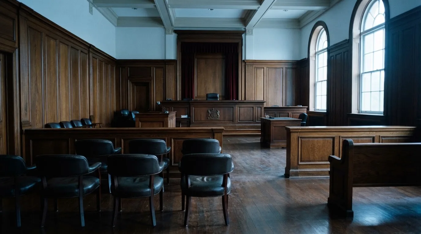 Sala de tribunal vazia com painéis de madeira, à luz da manhã — roleta virtual em portugal