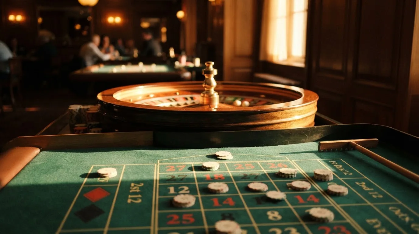 Roda de roleta e fichas sobre feltro verde, sob uma luz quente de fim de tarde — sites de casino para os portugueses