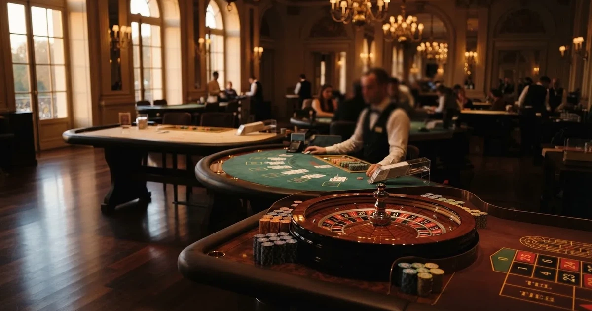 Três mesas de jogo diferentes lado a lado numa sala calma e calorosamente iluminada — sites de casino para os portugueses