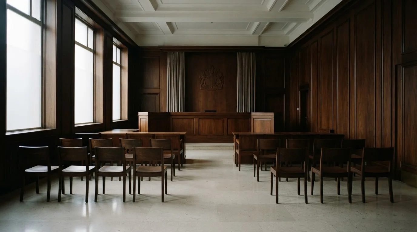 Sala de tribunal vazia com painéis de madeira, à luz da manhã — slot machines em portugal