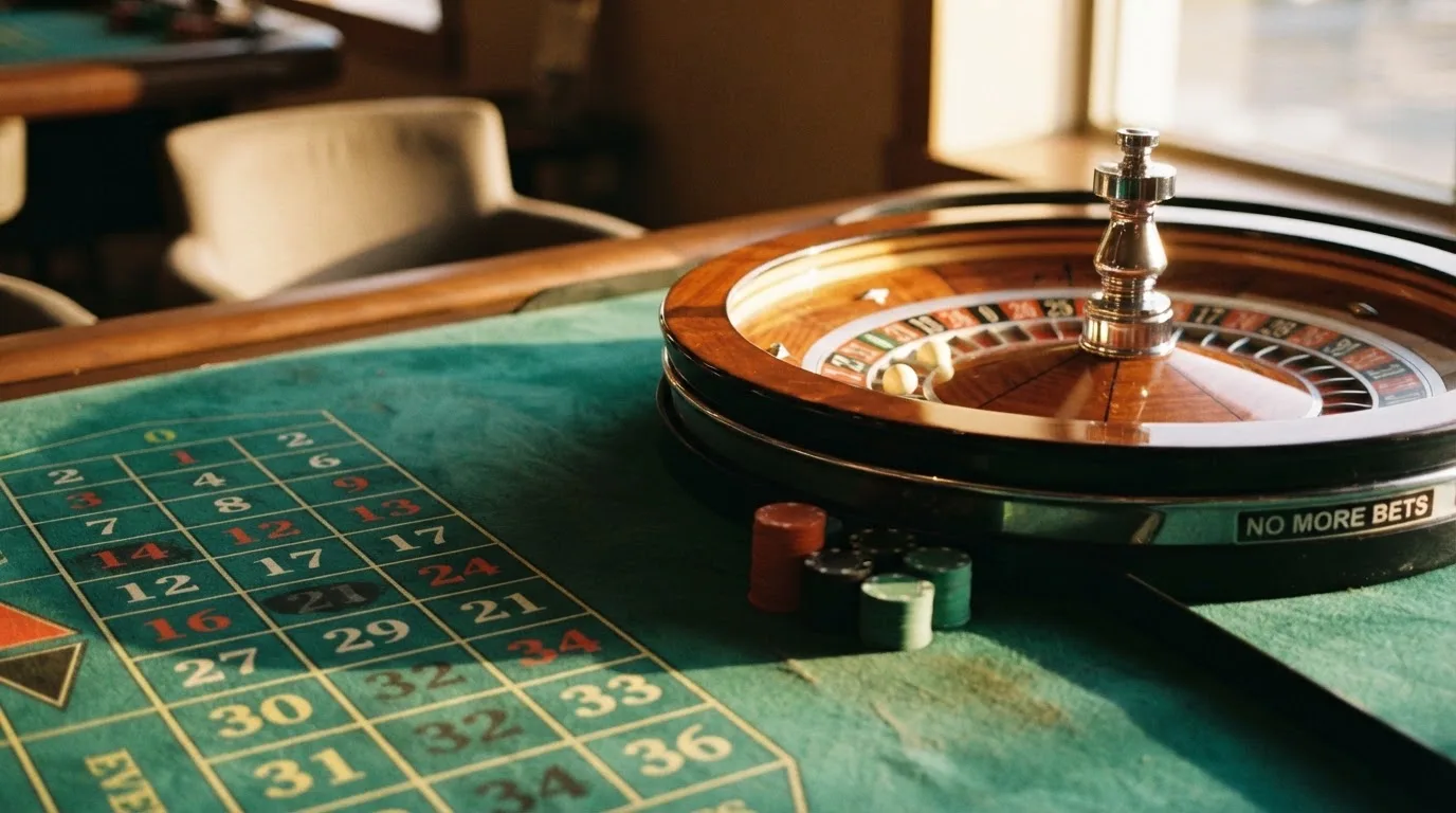 Roda de roleta e fichas sobre feltro verde, sob uma luz quente de fim de tarde — slot machines em portugal