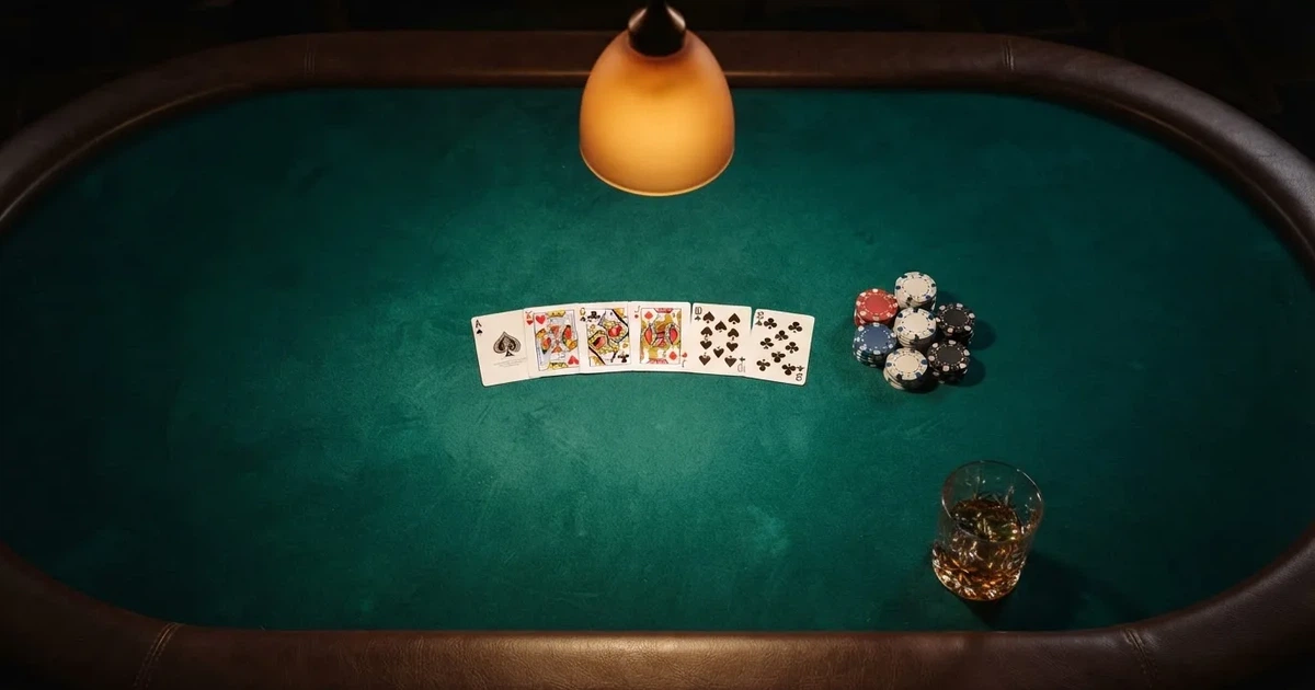 Mesa de jogo iluminada com cartas, vista de cima — slot machines em portugal