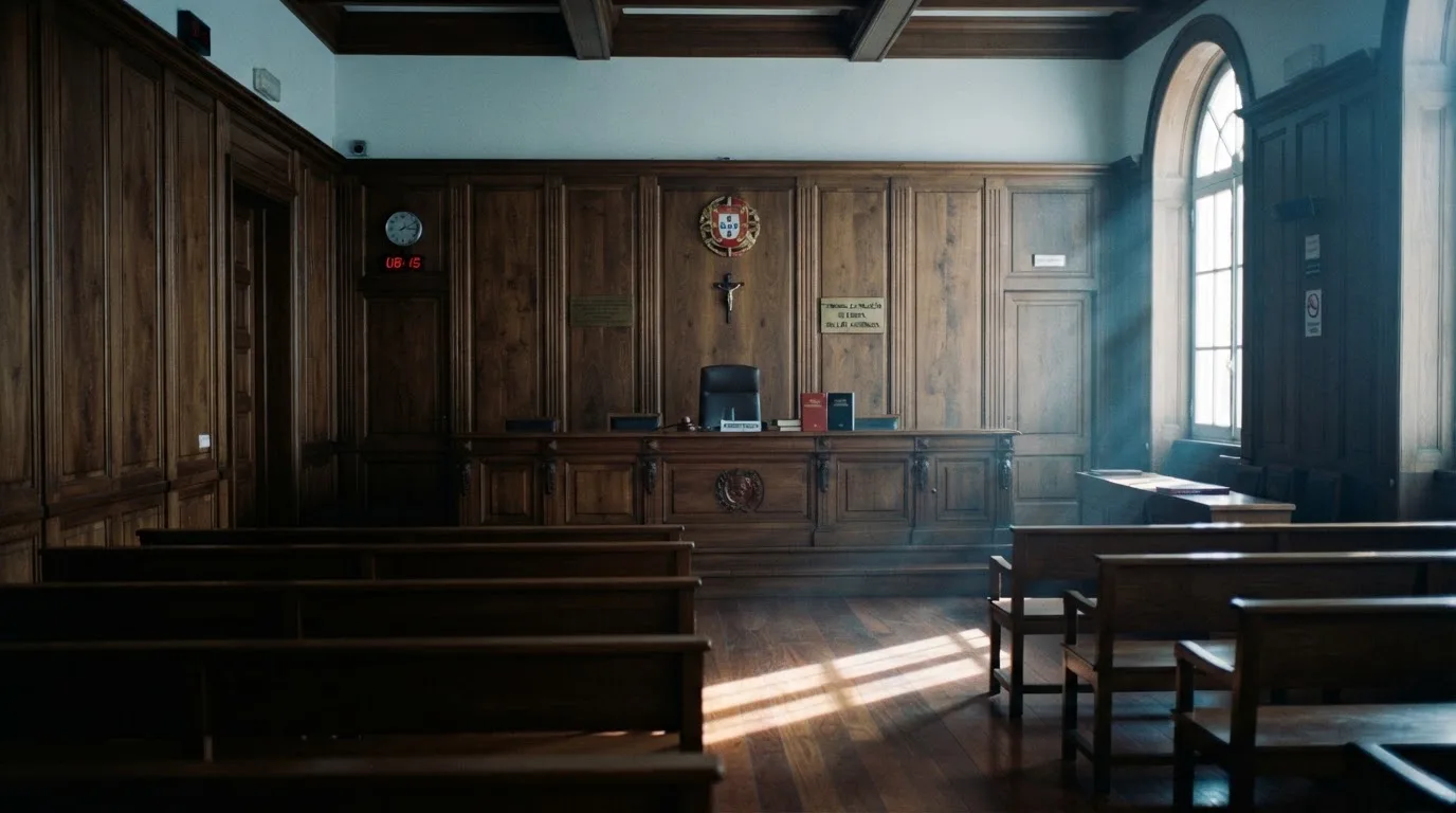 Sala de tribunal vazia com painéis de madeira, à luz da manhã — slots com bonus em portugal