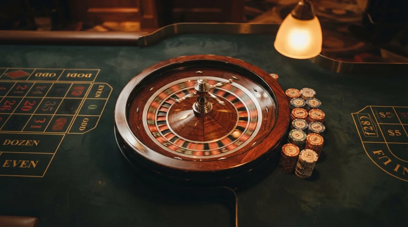 Roda de roleta e fichas sobre feltro verde, sob uma luz quente de fim de tarde — slots com bonus em portugal