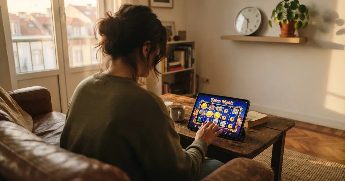 Pessoa num sofá a olhar pensativa para um tablet, com um relógio na parede atrás — slots com bonus em portugal