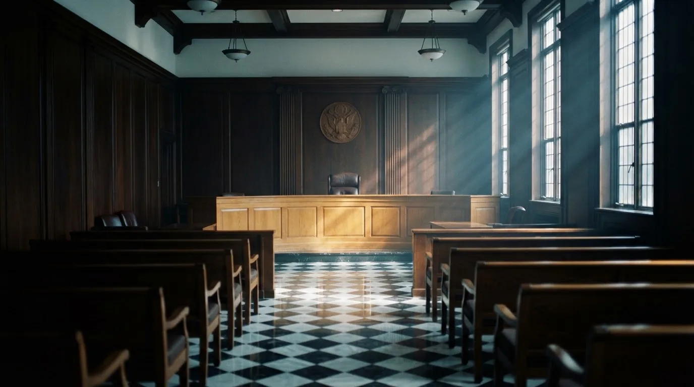 Sala de tribunal vazia com painéis de madeira, à luz da manhã — slots demo em portugal