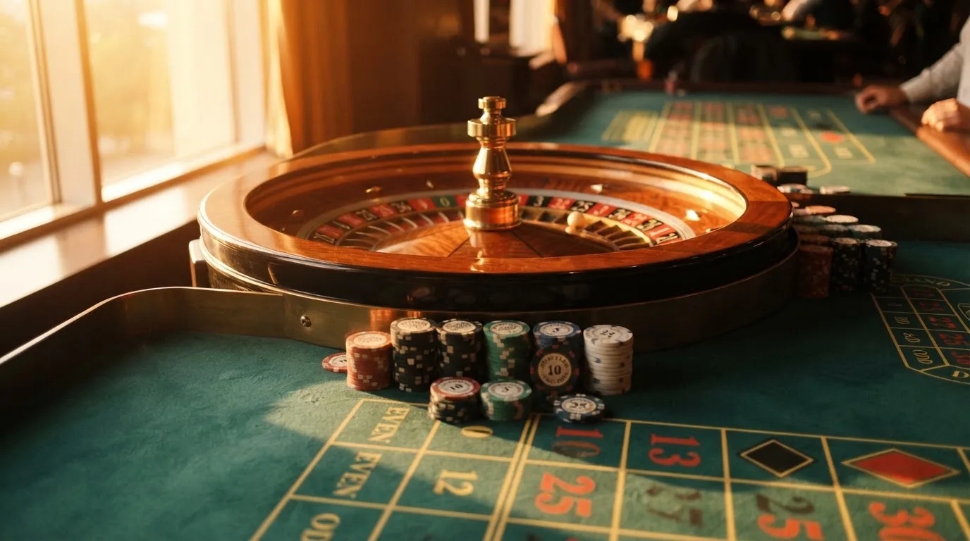 Roda de roleta e fichas sobre feltro verde, sob uma luz quente de fim de tarde — slots demo em portugal