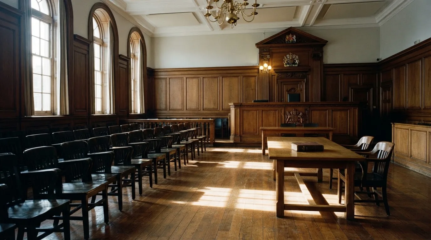 Sala de tribunal vazia com painéis de madeira, à luz da manhã — slots grátis em portugal