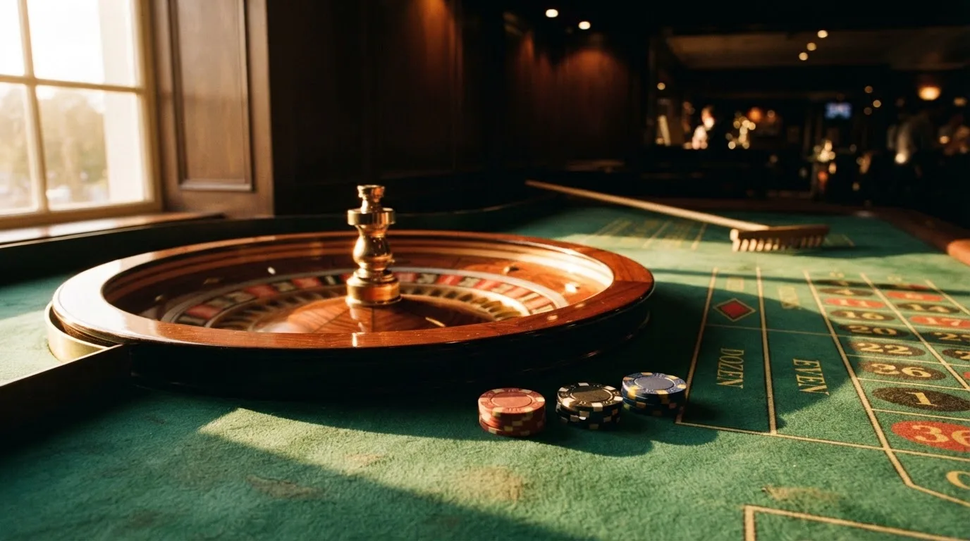 Roda de roleta e fichas sobre feltro verde, sob uma luz quente de fim de tarde — slots grátis em portugal