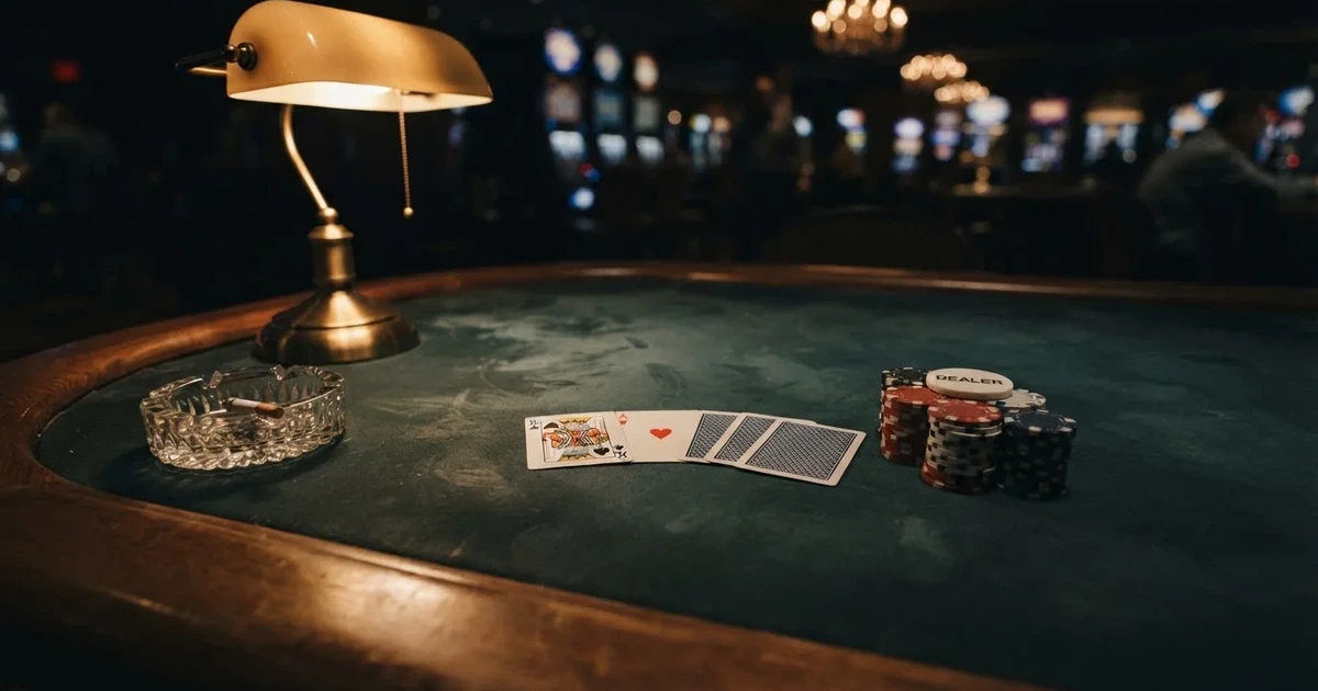 Mesa de jogo iluminada com cartas, vista de cima — slots grátis em portugal
