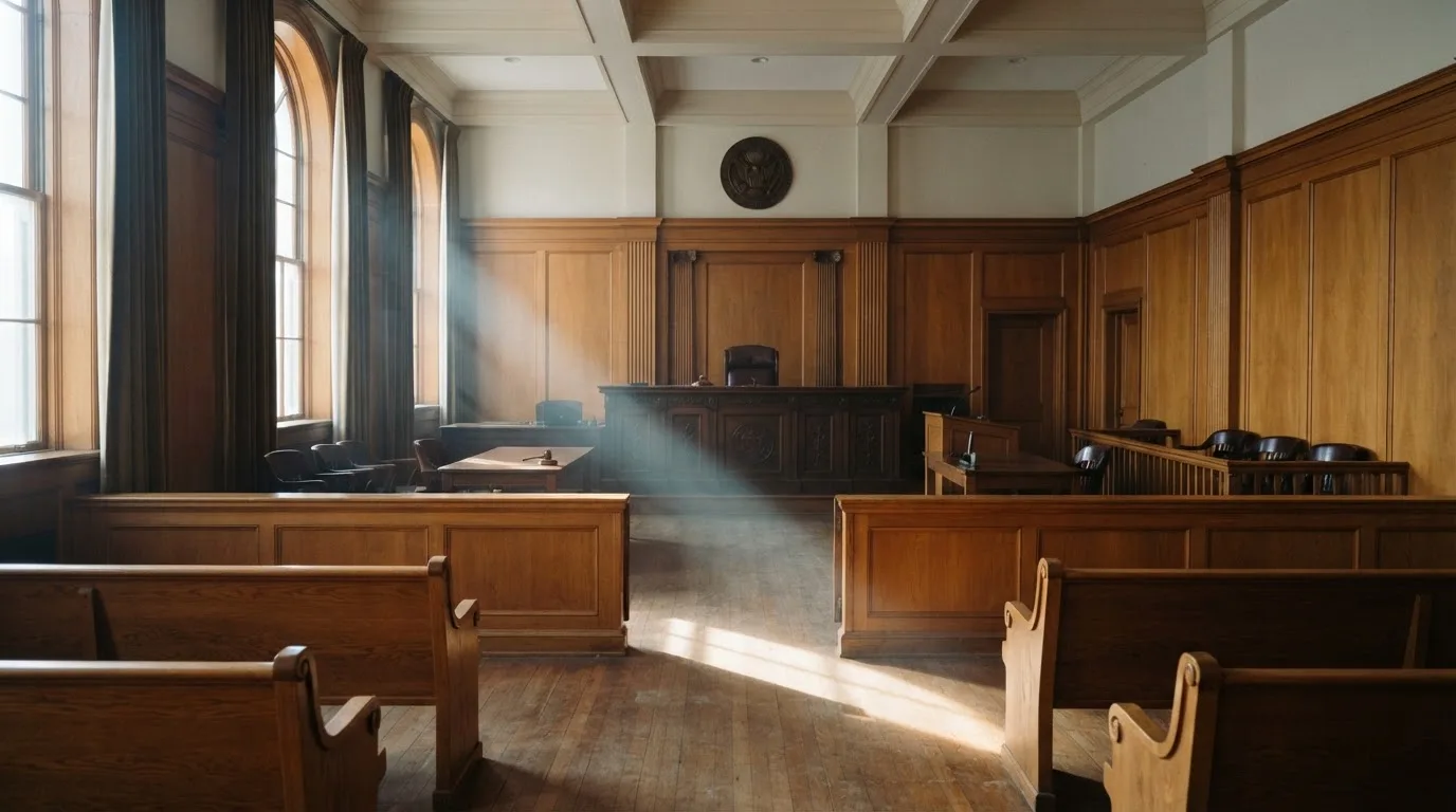 Sala de tribunal vazia com painéis de madeira, à luz da manhã — slots por dinheiro em portugal