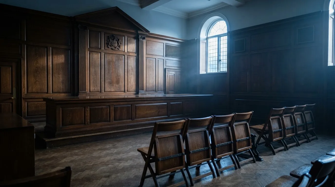 Sala de tribunal vazia com painéis de madeira, à luz da manhã — tabelas de blackjack em portugal