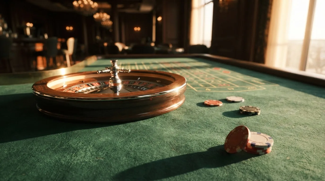 Roda de roleta e fichas sobre feltro verde, sob uma luz quente de fim de tarde — tabelas de blackjack em portugal