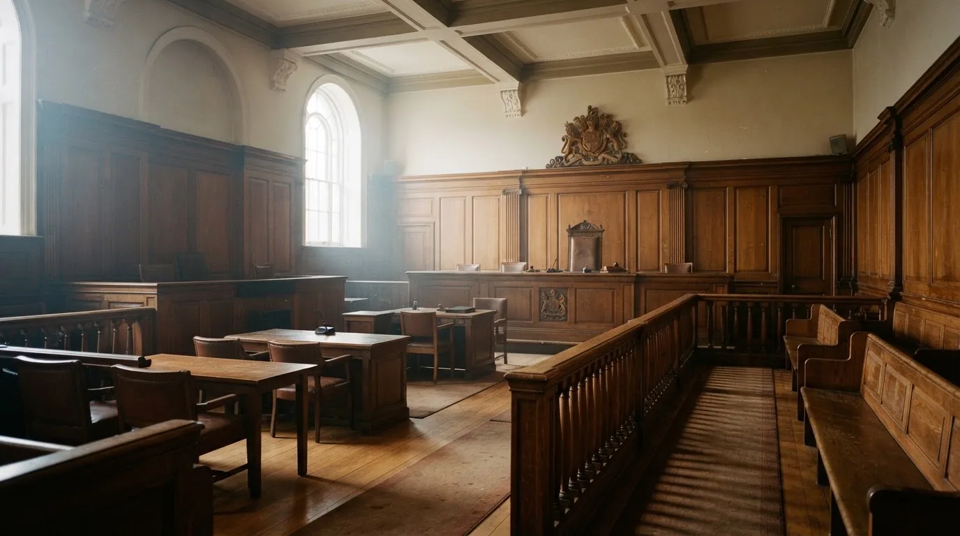 Sala de tribunal vazia com painéis de madeira, à luz da manhã — top casinos em portugal