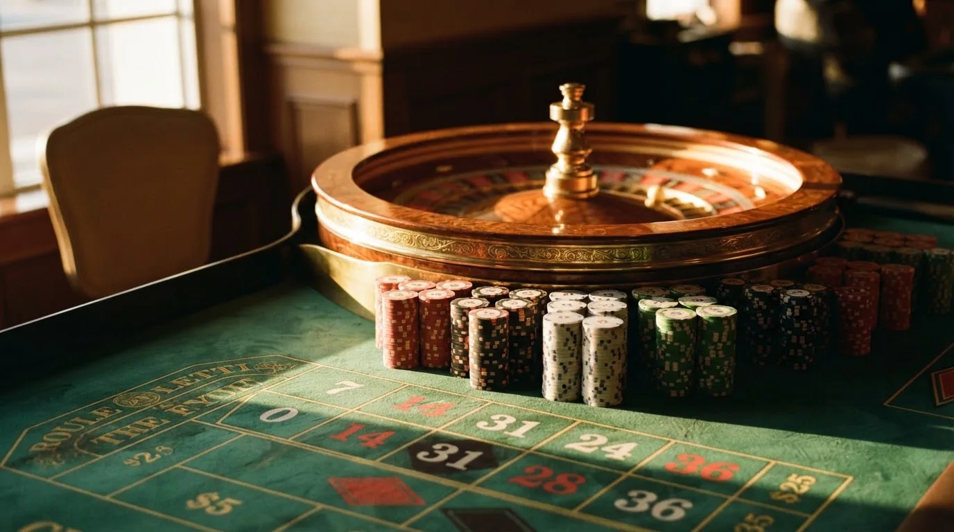 Roda de roleta e fichas sobre feltro verde, sob uma luz quente de fim de tarde — top casinos em portugal