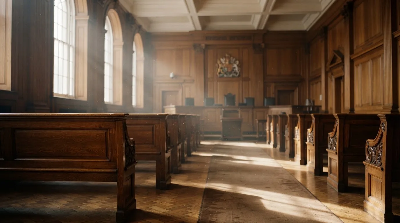 Sala de tribunal vazia com painéis de madeira, à luz da manhã — truques de casino em portugal