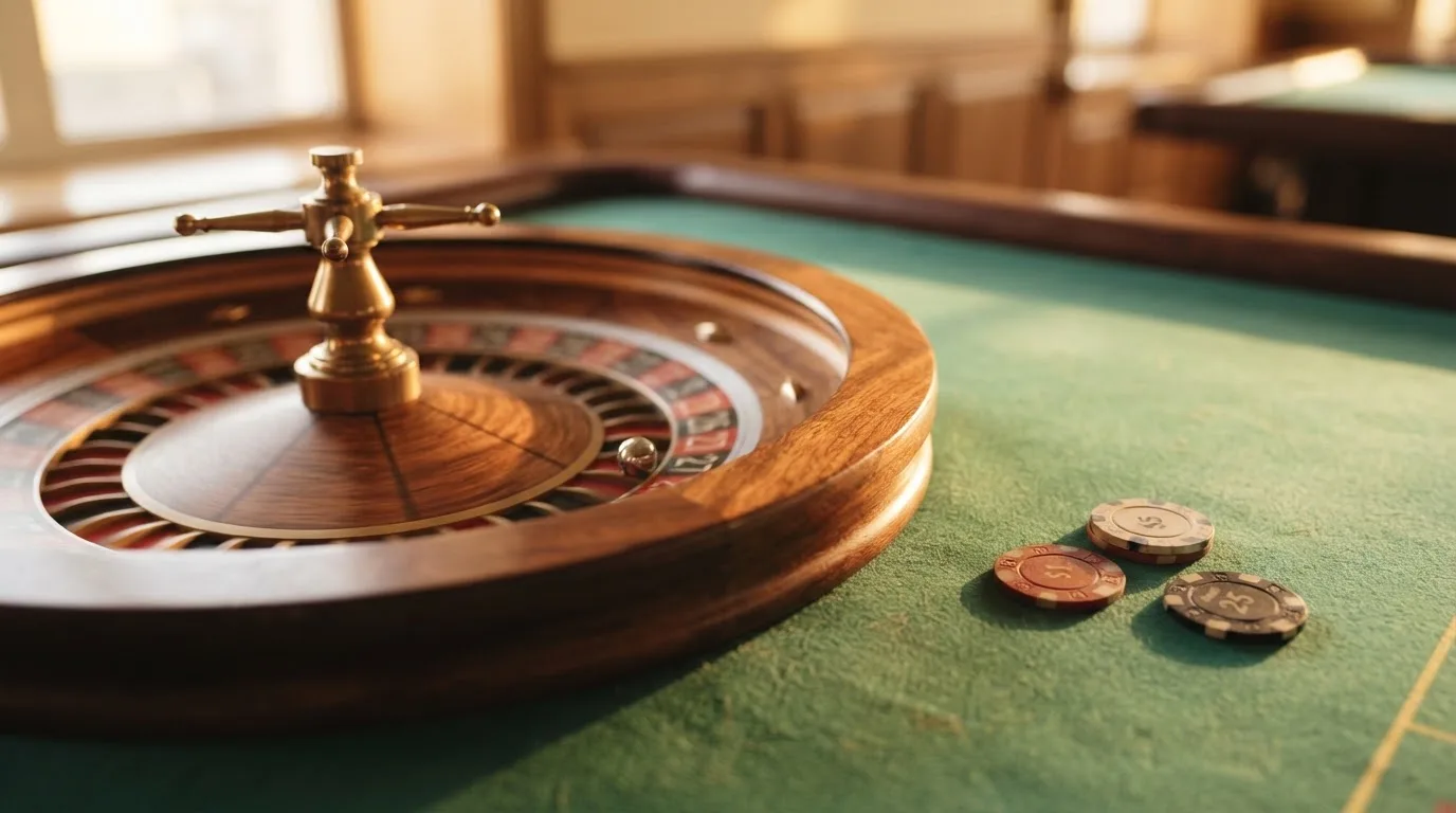Roda de roleta e fichas sobre feltro verde, sob uma luz quente de fim de tarde — truques de casino em portugal